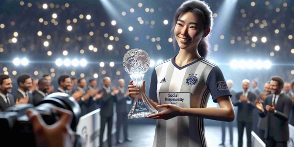 High-definition, realistic image of a professional soccer player, who is an Asian woman, smiling as she receives a Social Responsibility Award. She stands on a stage, holding the award, a crystal trophy with an embossed globe, in her right hand. Around her, flashes from cameras light up the scene while the audience in the background applauds. Her team's soccer jersey is visible, but the logo and name are generic. The words 'Social Responsibility Award' are etched onto the base of the trophy, gleaming in the light.