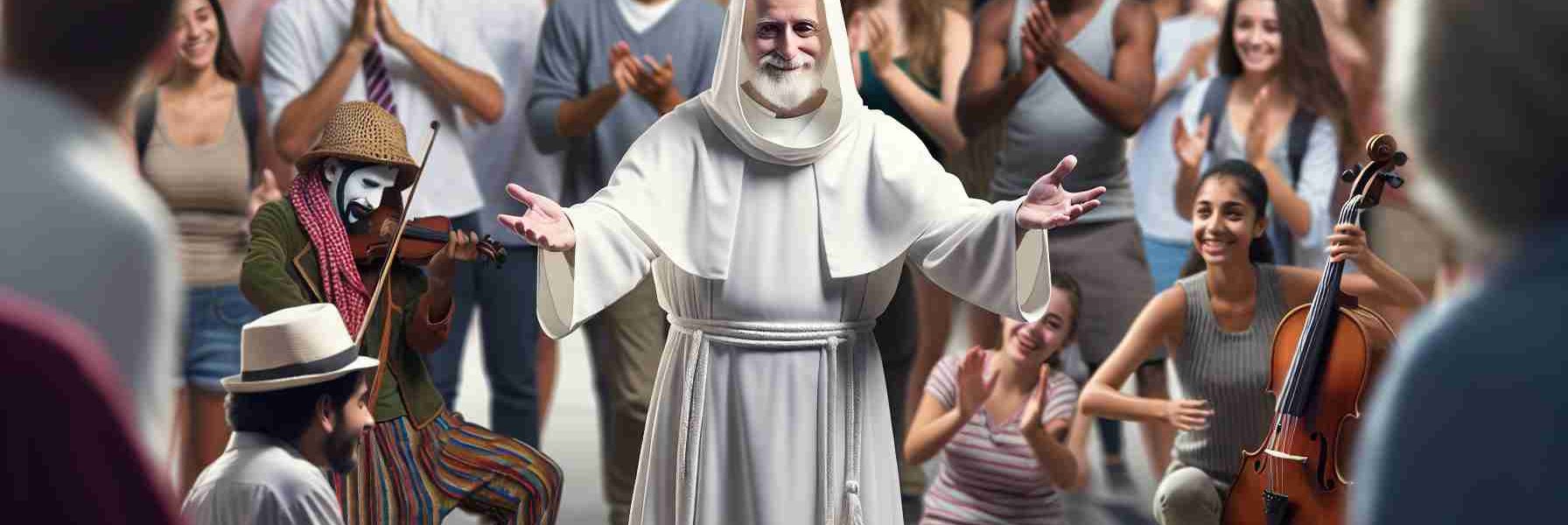 A realistic high-definition image of a senior religious figure in white robes expressing gratitude towards a diverse group of street performers. The performers could include a Hispanic female mime artist, a Middle-Eastern male juggler, and a Caucasian female violinist. The scene is set in an urban street background with crowds gathered around.