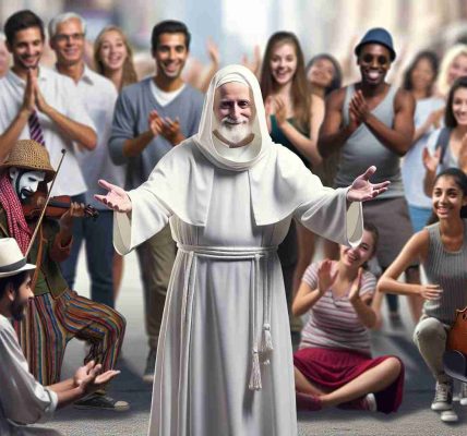 A realistic high-definition image of a senior religious figure in white robes expressing gratitude towards a diverse group of street performers. The performers could include a Hispanic female mime artist, a Middle-Eastern male juggler, and a Caucasian female violinist. The scene is set in an urban street background with crowds gathered around.