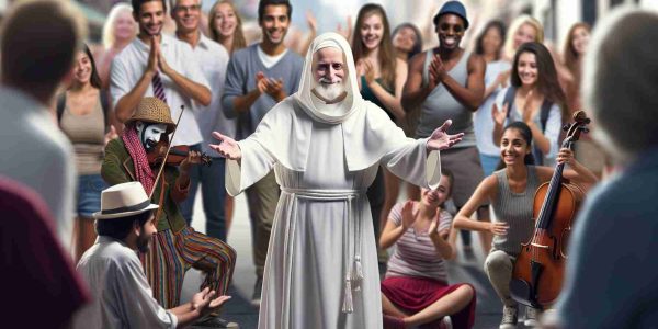 A realistic high-definition image of a senior religious figure in white robes expressing gratitude towards a diverse group of street performers. The performers could include a Hispanic female mime artist, a Middle-Eastern male juggler, and a Caucasian female violinist. The scene is set in an urban street background with crowds gathered around.