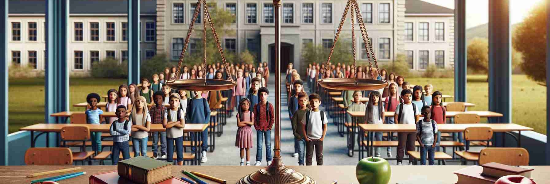 Realistic, high-definition image representing a situation where a controversial decision has caused disturbance in educational equality. The image could contain symbols like scales tipped to one side, representing imbalance. A school building in the background, with diverse children of various races and genders standing outside looking perplexed or disappointed. Desks in a classroom are left empty, while textbooks and pencils are scattered, signifying chaos and disruptions in learning.