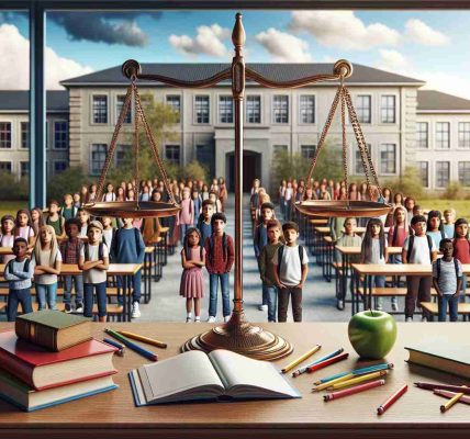 Realistic, high-definition image representing a situation where a controversial decision has caused disturbance in educational equality. The image could contain symbols like scales tipped to one side, representing imbalance. A school building in the background, with diverse children of various races and genders standing outside looking perplexed or disappointed. Desks in a classroom are left empty, while textbooks and pencils are scattered, signifying chaos and disruptions in learning.