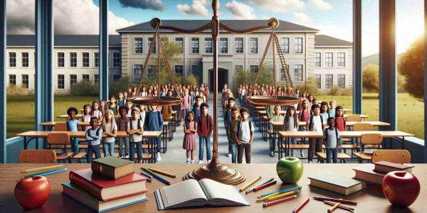 Realistic, high-definition image representing a situation where a controversial decision has caused disturbance in educational equality. The image could contain symbols like scales tipped to one side, representing imbalance. A school building in the background, with diverse children of various races and genders standing outside looking perplexed or disappointed. Desks in a classroom are left empty, while textbooks and pencils are scattered, signifying chaos and disruptions in learning.