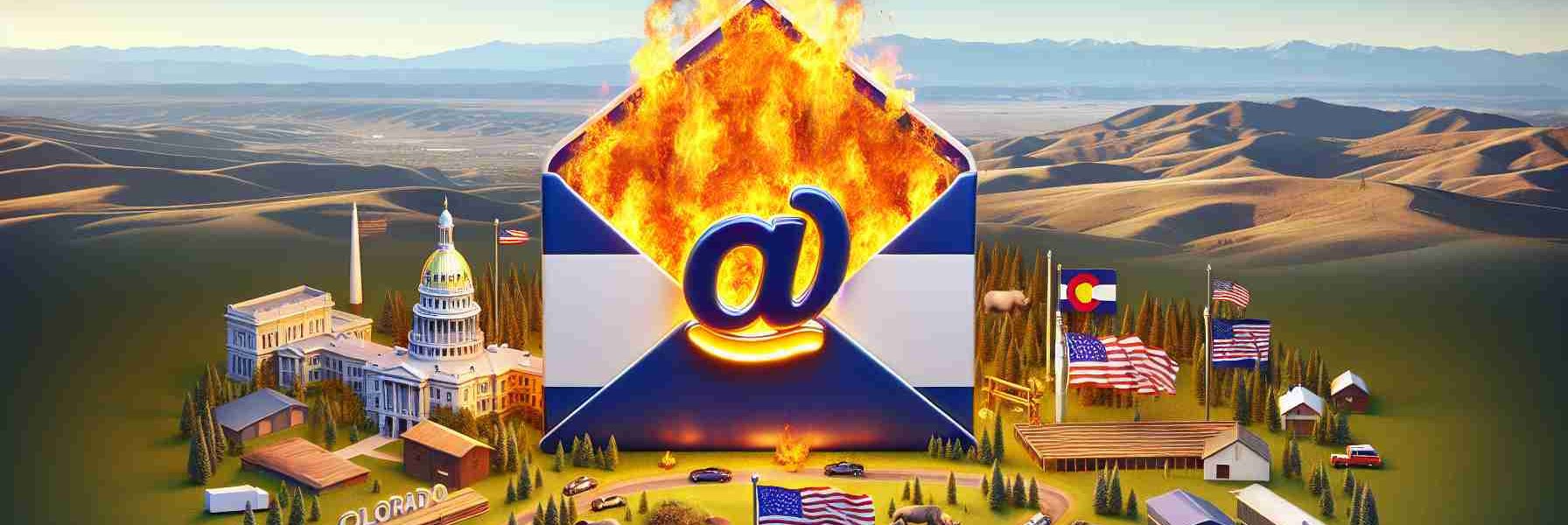 A realistic high-definition image representing the symbolic backlash against a political party based in Colorado, symbolized with an email message that's widely considered to be inflammatory. Elements should include Colorado's landscapes, emblematic features of the political party, and visual representations of public backlash, alongside an email icon enveloped in flames to represent the controversial communication.