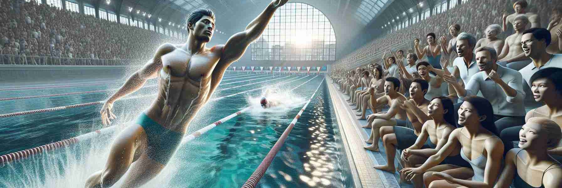 A realistic, high-definition image of an up-and-coming swimming star in the midst of an aquatics competition in a grand swimming complex. The location is a magnificent aquatic center in a cosmopolitan city resembling Paris. The swimmer, a proficient Hispanic male, is expertly executing his freestyle stroke, showing extraordinary speed and agility. Onlookers, a mix of South Asian and Caucasian women and men, passionately cheer, their faces conveying a blend of anticipation and excitement. Be sure to capture the shimmering ripples on the water surface, swimmer's toned muscles, and the grandeur of the aquatic center itself.