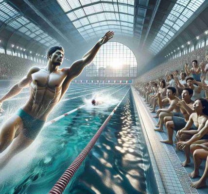 A realistic, high-definition image of an up-and-coming swimming star in the midst of an aquatics competition in a grand swimming complex. The location is a magnificent aquatic center in a cosmopolitan city resembling Paris. The swimmer, a proficient Hispanic male, is expertly executing his freestyle stroke, showing extraordinary speed and agility. Onlookers, a mix of South Asian and Caucasian women and men, passionately cheer, their faces conveying a blend of anticipation and excitement. Be sure to capture the shimmering ripples on the water surface, swimmer's toned muscles, and the grandeur of the aquatic center itself.