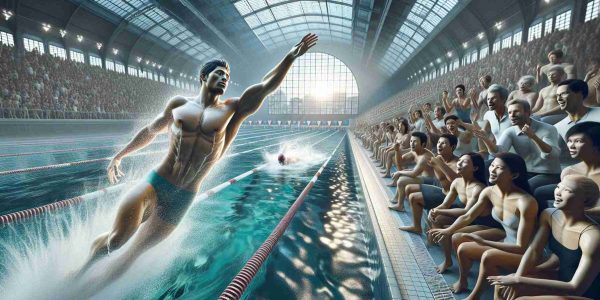 A realistic, high-definition image of an up-and-coming swimming star in the midst of an aquatics competition in a grand swimming complex. The location is a magnificent aquatic center in a cosmopolitan city resembling Paris. The swimmer, a proficient Hispanic male, is expertly executing his freestyle stroke, showing extraordinary speed and agility. Onlookers, a mix of South Asian and Caucasian women and men, passionately cheer, their faces conveying a blend of anticipation and excitement. Be sure to capture the shimmering ripples on the water surface, swimmer's toned muscles, and the grandeur of the aquatic center itself.