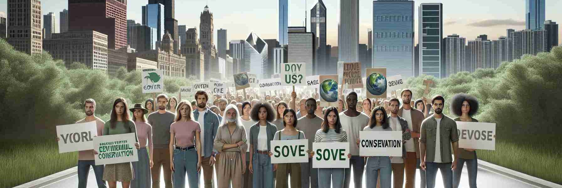 High definition, realistic portrayal of a group of peaceful protestors advocating for environmental conservation in a large city based on Chicago. The diverse group consists of people of various descents such as Caucasian, Hispanic, Black, Middle-Eastern, and South Asian, with balanced gender representation. They are holding placards with conservation messages and the city's iconic skyline can be seen in the background. The scene communicates a peaceful yet powerful depiction of citizen activism for a greener future.