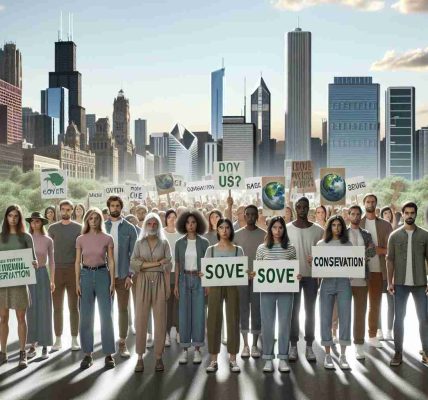 High definition, realistic portrayal of a group of peaceful protestors advocating for environmental conservation in a large city based on Chicago. The diverse group consists of people of various descents such as Caucasian, Hispanic, Black, Middle-Eastern, and South Asian, with balanced gender representation. They are holding placards with conservation messages and the city's iconic skyline can be seen in the background. The scene communicates a peaceful yet powerful depiction of citizen activism for a greener future.