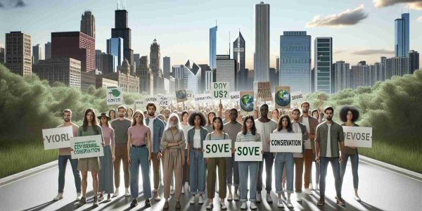 High definition, realistic portrayal of a group of peaceful protestors advocating for environmental conservation in a large city based on Chicago. The diverse group consists of people of various descents such as Caucasian, Hispanic, Black, Middle-Eastern, and South Asian, with balanced gender representation. They are holding placards with conservation messages and the city's iconic skyline can be seen in the background. The scene communicates a peaceful yet powerful depiction of citizen activism for a greener future.