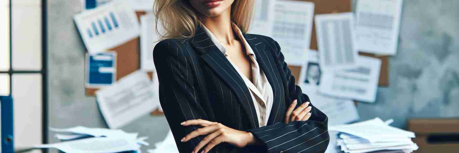 HD image of an executive woman with blonde hair and business attire, standing in front of a backdrop of paperwork and bills due to accusations of a lavish spending spree