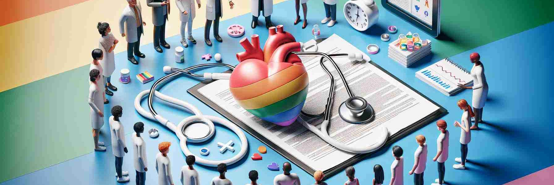 Render a realistic and high-definition image that signifies the importance of evidence-based medicine in gender-affirming care for minors. Include a stethoscope, white lab coat, medical reports, and a human heart symbol to signify medical practice, but ensure all symbols are paced on a backdrop of a rainbow flag to signify inclusiveness and affirmation. Include diverse group of minors from different descents such as Caucasian, Hispanic, Black and Asian who are observing or reading about the medical symbols.