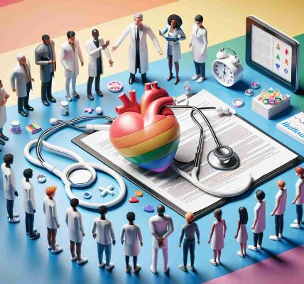 Render a realistic and high-definition image that signifies the importance of evidence-based medicine in gender-affirming care for minors. Include a stethoscope, white lab coat, medical reports, and a human heart symbol to signify medical practice, but ensure all symbols are paced on a backdrop of a rainbow flag to signify inclusiveness and affirmation. Include diverse group of minors from different descents such as Caucasian, Hispanic, Black and Asian who are observing or reading about the medical symbols.