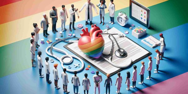 Render a realistic and high-definition image that signifies the importance of evidence-based medicine in gender-affirming care for minors. Include a stethoscope, white lab coat, medical reports, and a human heart symbol to signify medical practice, but ensure all symbols are paced on a backdrop of a rainbow flag to signify inclusiveness and affirmation. Include diverse group of minors from different descents such as Caucasian, Hispanic, Black and Asian who are observing or reading about the medical symbols.