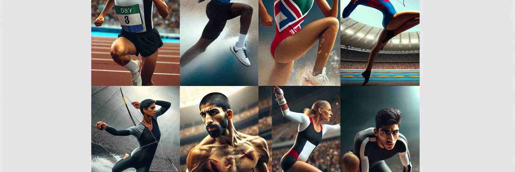 An HD photo illustrating championing inclusivity in sports. The focus is on athletes from diverse descents demonstrating their commitment and tenacity. One scene depicts a Hispanic female marathon runner mid-stride, defying exhaustion to reach her goal. A Middle-Eastern male gymnast showcasing unmatched balancing skills in his routine. A Black male swimmer, mid-dive, his determination visible in the waves he creates. A South Asian female archer holds her stance confidently, strength and precision in her gaze. A Caucasian mixed martial arts fighter stands, bruised but defiant, indicating his resilience. White sprinters are at the starting line, poised to give their all.