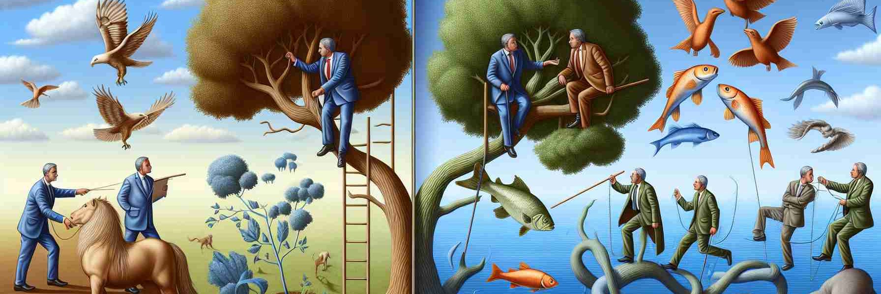 High-definition illustration of a metaphorical scene where both the realms of politics and nature are examined in non-traditional ways. The political side could portray a politician as a tree interacting with its surroundings, while the natural side could have animals engaged in unexpected activities - such as a fish climbing a tree. Emphasize on intermingling of elements from both domains to highlight unconventional behaviors.