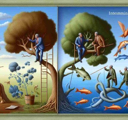 High-definition illustration of a metaphorical scene where both the realms of politics and nature are examined in non-traditional ways. The political side could portray a politician as a tree interacting with its surroundings, while the natural side could have animals engaged in unexpected activities - such as a fish climbing a tree. Emphasize on intermingling of elements from both domains to highlight unconventional behaviors.