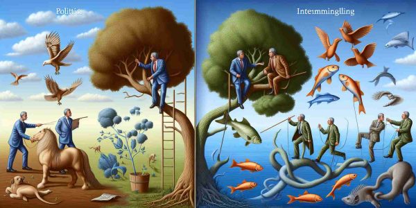 High-definition illustration of a metaphorical scene where both the realms of politics and nature are examined in non-traditional ways. The political side could portray a politician as a tree interacting with its surroundings, while the natural side could have animals engaged in unexpected activities - such as a fish climbing a tree. Emphasize on intermingling of elements from both domains to highlight unconventional behaviors.