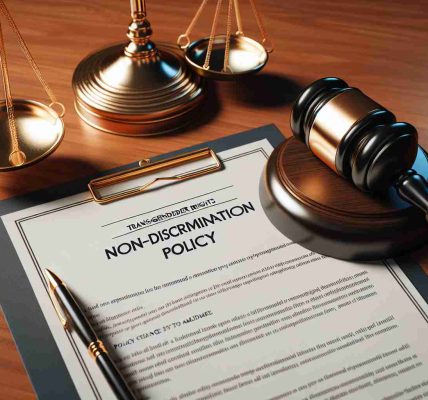 A high-definition, realistic image of legal paperwork and a gavel on a wooden desk. The paperwork is centered on a non-discrimination policy stating that it has been amended in favor of transgender rights, following a lawsuit. It should showcase prominent headers such as 'Policy change' and 'Transgender rights'. Beside the paperwork, there's a golden scales of justice reflecting balance and fairness in these legal proceedings.