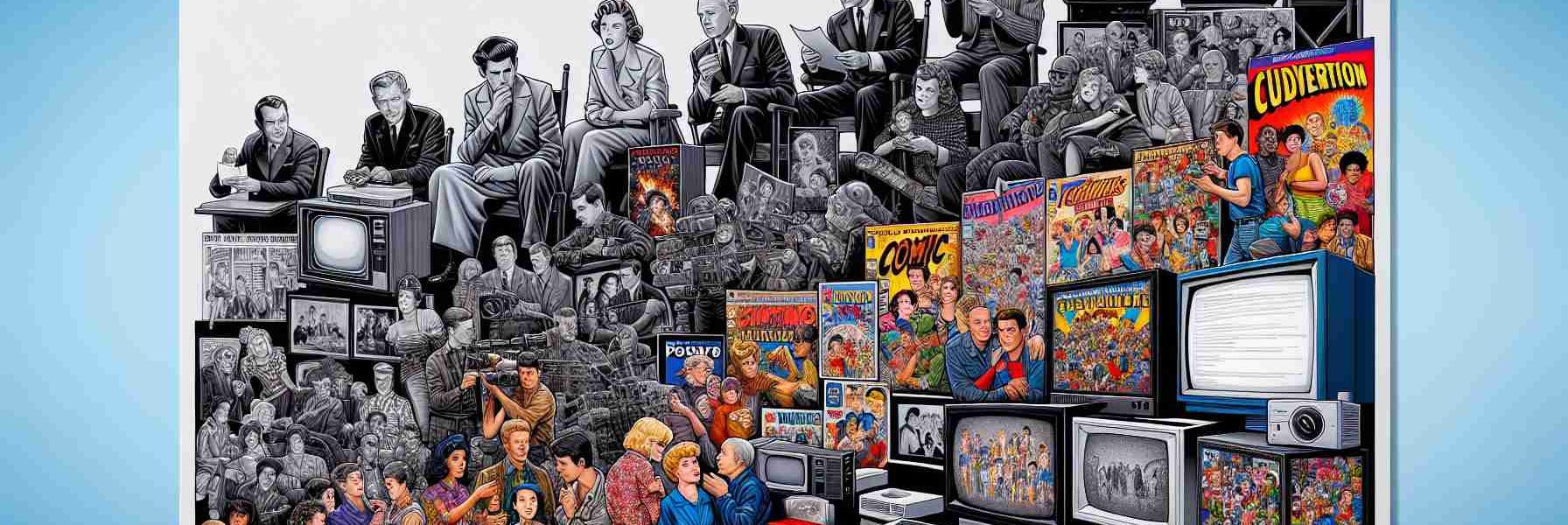 Display a detailed, realistic, high-definition timeline-style illustration. It starts from black and white images of film and television sets, symbolizing 50's non-visible activism. By the 70's, incorporate more color into the imagery, showing comic books and more diverse film sets. In the 90's, the image evolves to a computer showing an internet modem and a TV playing a popular sitcom. Transitioning into the late 2000's and 2010's, it ends with modern media platforms like YouTube and Netflix, showcasing diverse characters and relationships. Remember, this artistic representation should honor the evolution of LGBTQ+ representation in media across the decades.