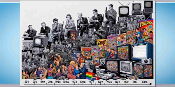 Display a detailed, realistic, high-definition timeline-style illustration. It starts from black and white images of film and television sets, symbolizing 50's non-visible activism. By the 70's, incorporate more color into the imagery, showing comic books and more diverse film sets. In the 90's, the image evolves to a computer showing an internet modem and a TV playing a popular sitcom. Transitioning into the late 2000's and 2010's, it ends with modern media platforms like YouTube and Netflix, showcasing diverse characters and relationships. Remember, this artistic representation should honor the evolution of LGBTQ+ representation in media across the decades.