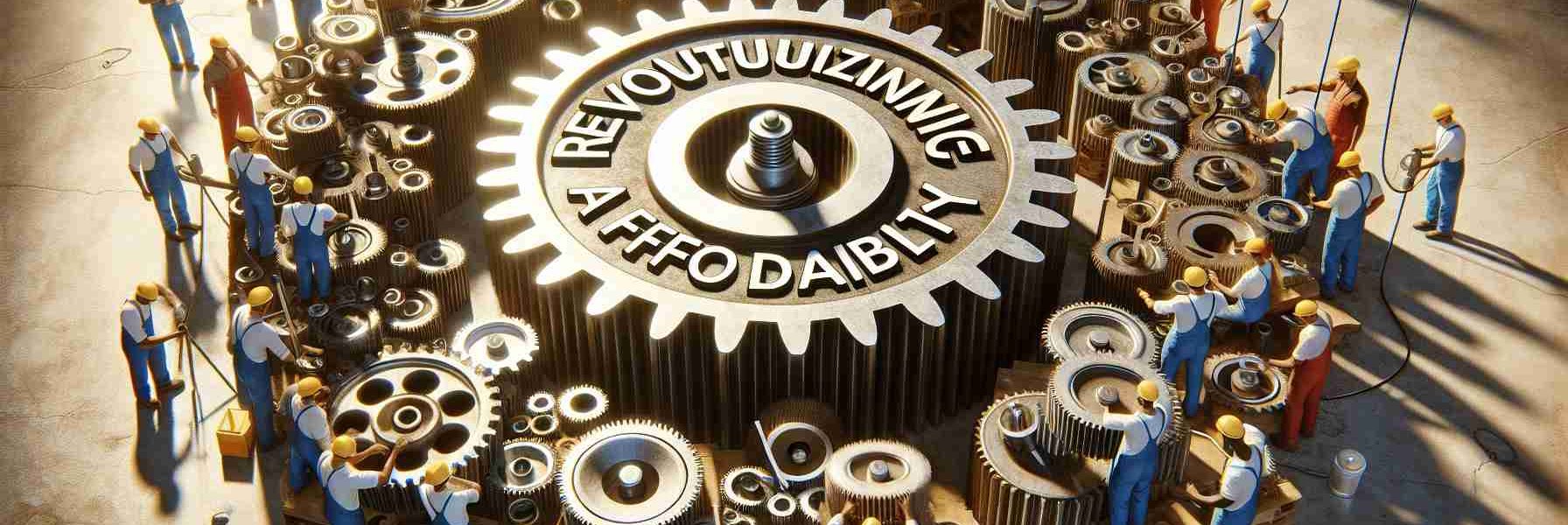 A high-definition, realistic depiction of a metaphorical concept: 'Revolutionizing the Approach to Affordability'. A detailed scene showing a large, round cogwheel inscribed with the word 'Affordability', located at the heart of a complex system of smaller gears and pulleys. A diverse cross-section of workers of various descents, including Caucasian, Hispanic, Black, Middle-Eastern, South Asian, and East Asian spread evenly across the scene are adjusting, greasing, and refurbishing the gears. Each worker wears work attire appropriate to their task, and clear safety equipment. The scene is bathed in bright, hopeful light.