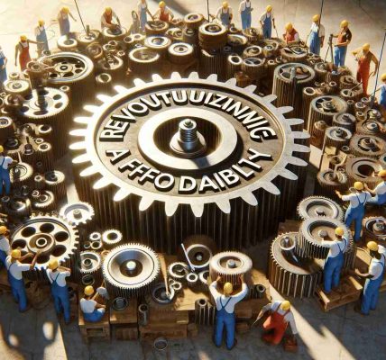 A high-definition, realistic depiction of a metaphorical concept: 'Revolutionizing the Approach to Affordability'. A detailed scene showing a large, round cogwheel inscribed with the word 'Affordability', located at the heart of a complex system of smaller gears and pulleys. A diverse cross-section of workers of various descents, including Caucasian, Hispanic, Black, Middle-Eastern, South Asian, and East Asian spread evenly across the scene are adjusting, greasing, and refurbishing the gears. Each worker wears work attire appropriate to their task, and clear safety equipment. The scene is bathed in bright, hopeful light.