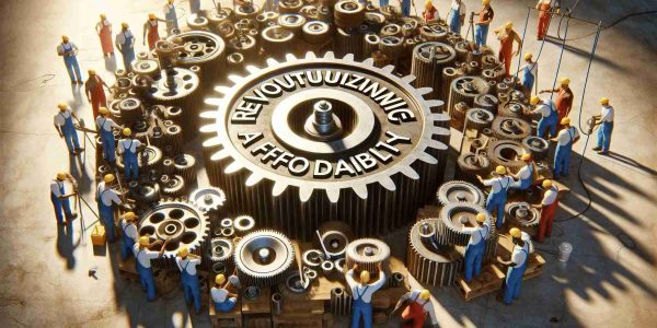 A high-definition, realistic depiction of a metaphorical concept: 'Revolutionizing the Approach to Affordability'. A detailed scene showing a large, round cogwheel inscribed with the word 'Affordability', located at the heart of a complex system of smaller gears and pulleys. A diverse cross-section of workers of various descents, including Caucasian, Hispanic, Black, Middle-Eastern, South Asian, and East Asian spread evenly across the scene are adjusting, greasing, and refurbishing the gears. Each worker wears work attire appropriate to their task, and clear safety equipment. The scene is bathed in bright, hopeful light.