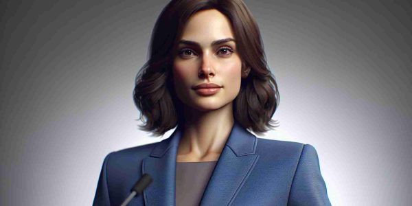 Realistic HD photo of a female advocate who is championing better gender representation in politics. She has shoulder length brown hair and is confidently delivering her speech. She wears a blue pantsuit. Her strong presence is inspiring.