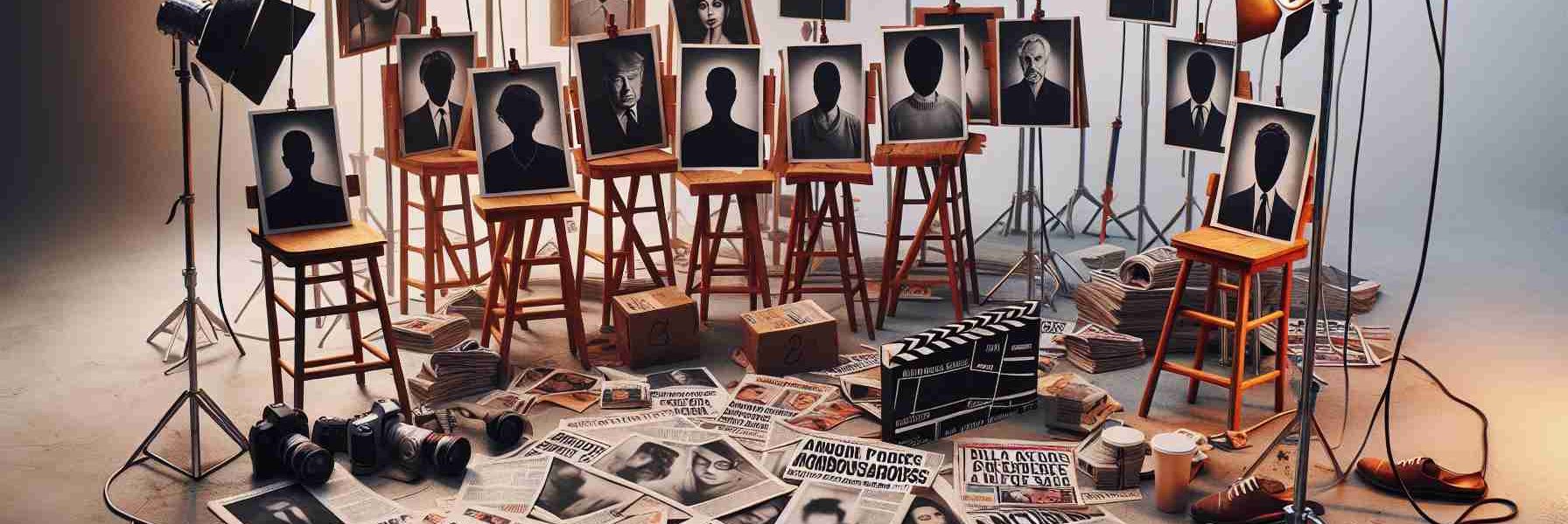 An image that depicts a symbolic scenario of the entertainment industry in a state of controversy. Among the assorted film set props, there are newspapers and magazine covers scattered around, their headlines shouting about allegations of misconduct. Glossy photos showing anonymous, vague figures involved in controversy are shown from the back or side to create anonymity. Note must be made, however, that no faces or recognizable individuals should be clearly illustrated to avoid focusing on real people. The overall atmosphere is surreal and tense, truly an industry under scrutiny.