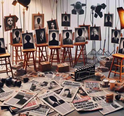 An image that depicts a symbolic scenario of the entertainment industry in a state of controversy. Among the assorted film set props, there are newspapers and magazine covers scattered around, their headlines shouting about allegations of misconduct. Glossy photos showing anonymous, vague figures involved in controversy are shown from the back or side to create anonymity. Note must be made, however, that no faces or recognizable individuals should be clearly illustrated to avoid focusing on real people. The overall atmosphere is surreal and tense, truly an industry under scrutiny.