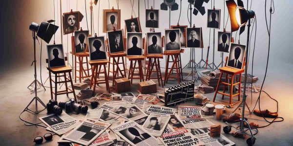 An image that depicts a symbolic scenario of the entertainment industry in a state of controversy. Among the assorted film set props, there are newspapers and magazine covers scattered around, their headlines shouting about allegations of misconduct. Glossy photos showing anonymous, vague figures involved in controversy are shown from the back or side to create anonymity. Note must be made, however, that no faces or recognizable individuals should be clearly illustrated to avoid focusing on real people. The overall atmosphere is surreal and tense, truly an industry under scrutiny.