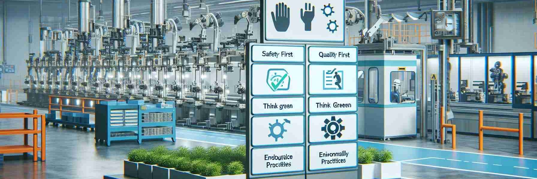 Generate a HD image showing a modern industrial production line. The image should resonate with the theme of changed workplace priorities. Depict aspects like automation, user-friendly technology interfaces, safety measures, ergonomics, and environmentally-friendly practices. Also, include signs in the foreground that reflect changes in priorities, like 'safety first', 'quality matters', 'think green', or 'workplace of the future'. Ensure the image follows a realistic style.