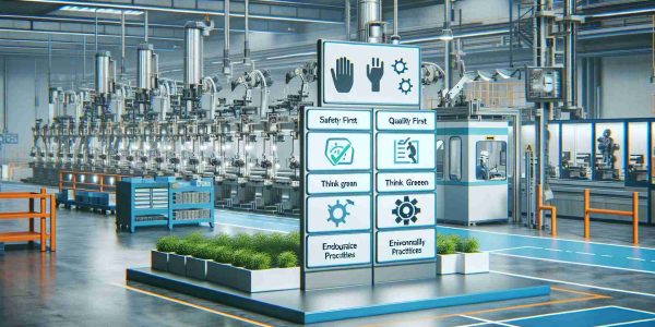 Generate a HD image showing a modern industrial production line. The image should resonate with the theme of changed workplace priorities. Depict aspects like automation, user-friendly technology interfaces, safety measures, ergonomics, and environmentally-friendly practices. Also, include signs in the foreground that reflect changes in priorities, like 'safety first', 'quality matters', 'think green', or 'workplace of the future'. Ensure the image follows a realistic style.