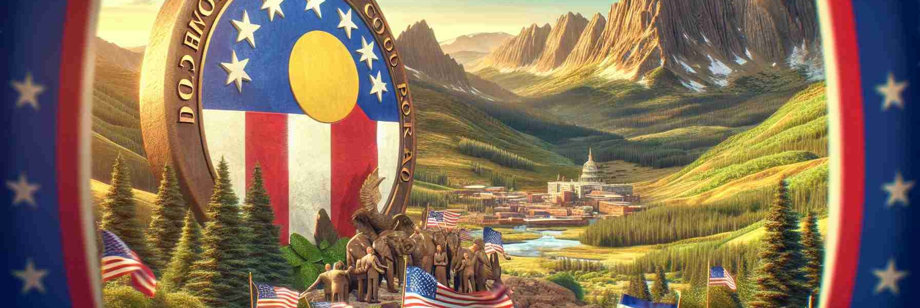 Realistic high-definition image showing the symbolic beginning of a new era for a political party in Colorado. The image can include the emblem of a political party, people celebrating with banners and placards, and the mountainous landscape of Colorado. The depiction should not single out a specific party or individual but rather portray the overall excitement and anticipation of change.