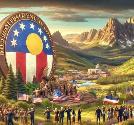 Realistic high-definition image showing the symbolic beginning of a new era for a political party in Colorado. The image can include the emblem of a political party, people celebrating with banners and placards, and the mountainous landscape of Colorado. The depiction should not single out a specific party or individual but rather portray the overall excitement and anticipation of change.