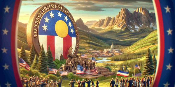 Realistic high-definition image showing the symbolic beginning of a new era for a political party in Colorado. The image can include the emblem of a political party, people celebrating with banners and placards, and the mountainous landscape of Colorado. The depiction should not single out a specific party or individual but rather portray the overall excitement and anticipation of change.