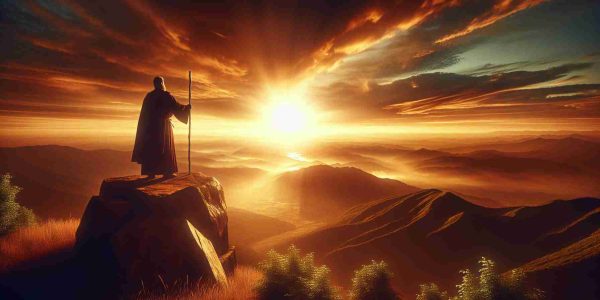 A high definition image portraying the concept of a new dawn in leadership. The scene features a sunrise over a picturesque landscape, symbolizing a new beginning. The leadership is represented by a figure standing on top of a hill, holding a staff and looking out over the rising dawn. The figure's posture will be firm and commanding, yet open and respectful, embodying qualities associated with conservative leadership such as stability, tradition, and respect for established norms.