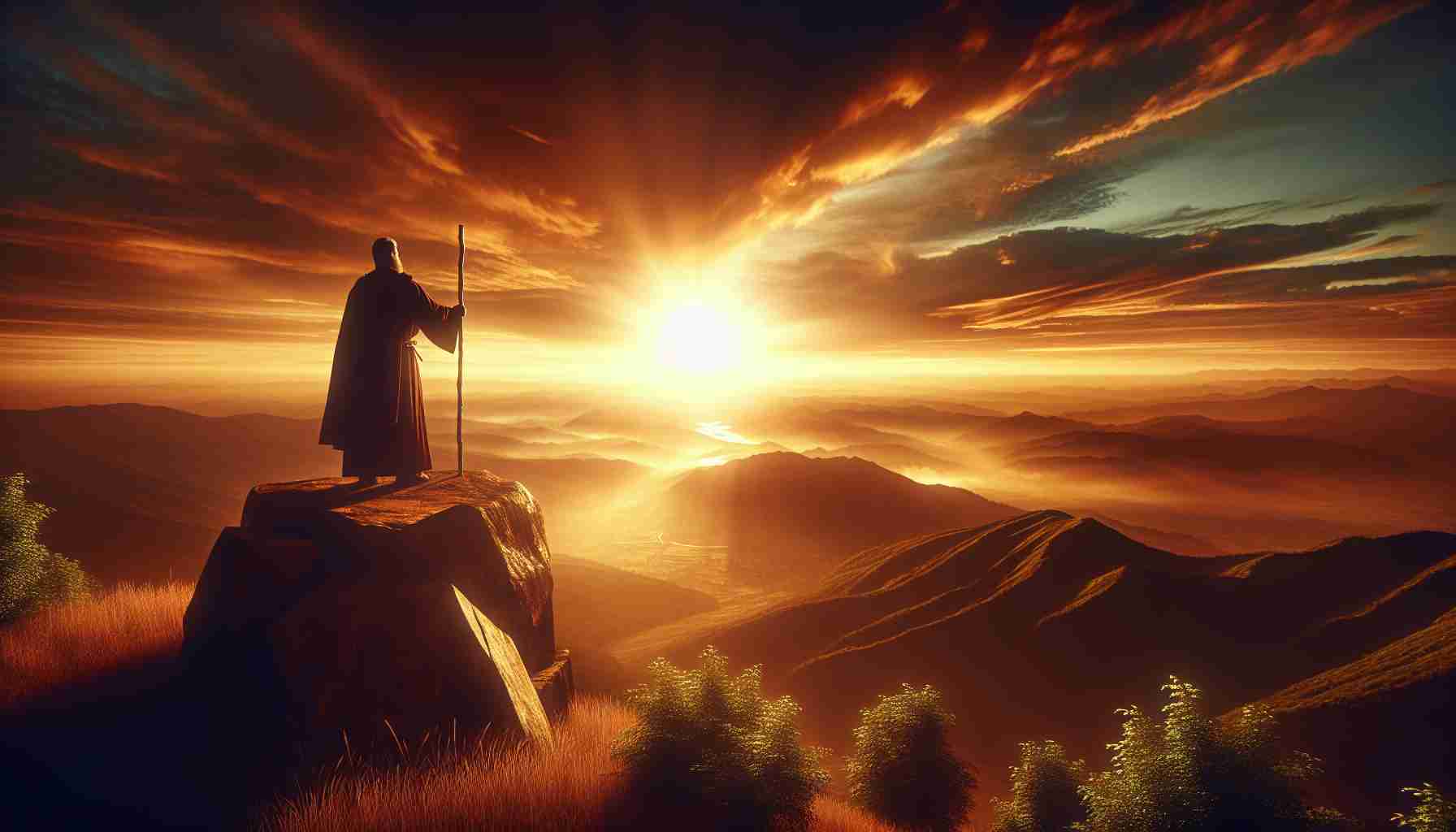 A high definition image portraying the concept of a new dawn in leadership. The scene features a sunrise over a picturesque landscape, symbolizing a new beginning. The leadership is represented by a figure standing on top of a hill, holding a staff and looking out over the rising dawn. The figure's posture will be firm and commanding, yet open and respectful, embodying qualities associated with conservative leadership such as stability, tradition, and respect for established norms.