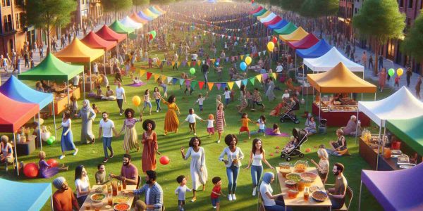 Create a realistic high-definition image showcasing a lively community event that celebrates diversity. The scene unfurls in a bustling park filled with canopy tents of various colors. Happy people of different descents, including Caucasian, Hispanic, Black, Middle-Eastern, South Asian are enjoying the festivities. There are food stalls serving a plethora of cuisines from different cultures and children running around freely, playing with colorful balloons. Musicians of varied backgrounds are playing instruments, filling the air with captivating tunes. This is a perfect representation of a vibrant, harmonious, multicultural society.