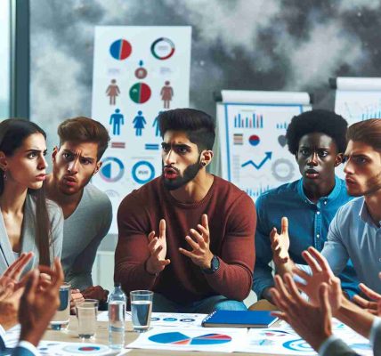 HD image showing a group of diverse individuals engaged in a heated discussion concerning the issue of transgender athletes in sports. Picture a mixture of male and female individuals representing a range of descents such as Caucasians, Hispanic, Black, Middle-Eastern, and South Asian, all participating passionately in the debate. They are located in a modern conference room with documents, graphics and charts related to sports scattered around. Emphasize the seriousness and emotion inherent in the setting.