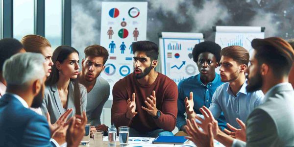 HD image showing a group of diverse individuals engaged in a heated discussion concerning the issue of transgender athletes in sports. Picture a mixture of male and female individuals representing a range of descents such as Caucasians, Hispanic, Black, Middle-Eastern, and South Asian, all participating passionately in the debate. They are located in a modern conference room with documents, graphics and charts related to sports scattered around. Emphasize the seriousness and emotion inherent in the setting.