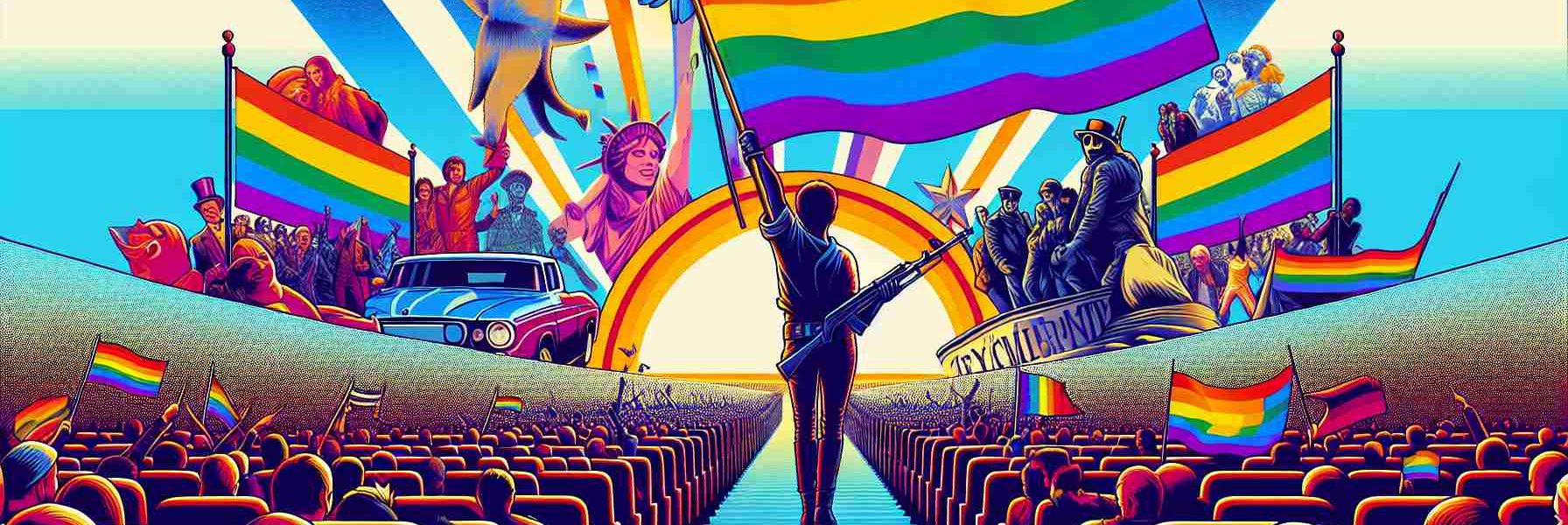 Generate a high definition, realistic image that might serve as the poster for a groundbreaking cinema film that uses satire to discuss LGBTQ+ themes. The poster should illustrate the spirit of revolution and progress in LGBTQ+ cinema, perhaps through bold colors, symbolic imagery of a revolution, and token elements that hint at the film's satirical nature.