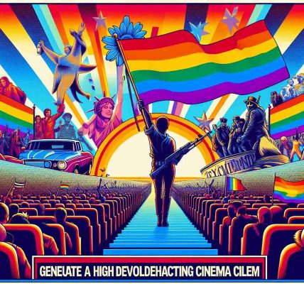 Generate a high definition, realistic image that might serve as the poster for a groundbreaking cinema film that uses satire to discuss LGBTQ+ themes. The poster should illustrate the spirit of revolution and progress in LGBTQ+ cinema, perhaps through bold colors, symbolic imagery of a revolution, and token elements that hint at the film's satirical nature.