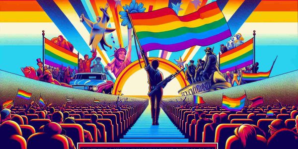 Generate a high definition, realistic image that might serve as the poster for a groundbreaking cinema film that uses satire to discuss LGBTQ+ themes. The poster should illustrate the spirit of revolution and progress in LGBTQ+ cinema, perhaps through bold colors, symbolic imagery of a revolution, and token elements that hint at the film's satirical nature.