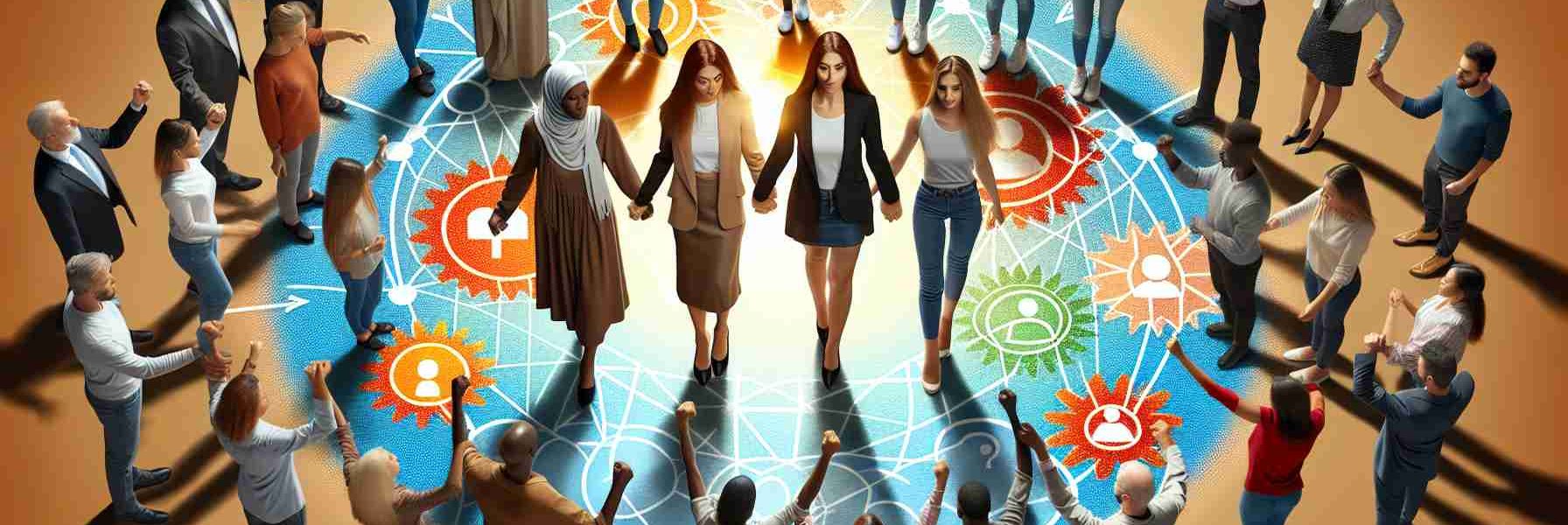 Generate a high-definition, realistic image representing the theme of 'Empowering Equality: Beyond Controversy Towards Unity'. Show diverse groups of people from different descents working together, collaborating, and supporting each other. Include people of Caucasian, Hispanic, Black, Middle-Eastern, and South Asian descent, all expressing unity and equality. Include elements of empowerment, mutual respect, and harmony in the image.