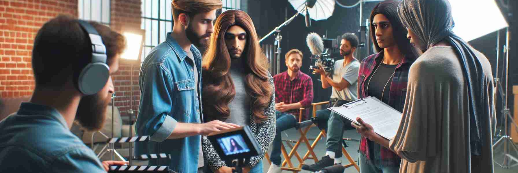 Realistic high definition image illustrating the rising visibility of transgender individuals in the independent film industry. Depict a scene with diverse crew working on a film set where a Caucasian transgender director is instructing a South-Asian transgender actress rehearsing her lines. Also show Black and Middle-Eastern film crew members handling the cameras, lights, and other equipment. Set the scene in a bustling studio indicative of an independent film production.