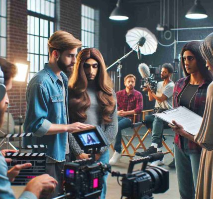 Realistic high definition image illustrating the rising visibility of transgender individuals in the independent film industry. Depict a scene with diverse crew working on a film set where a Caucasian transgender director is instructing a South-Asian transgender actress rehearsing her lines. Also show Black and Middle-Eastern film crew members handling the cameras, lights, and other equipment. Set the scene in a bustling studio indicative of an independent film production.