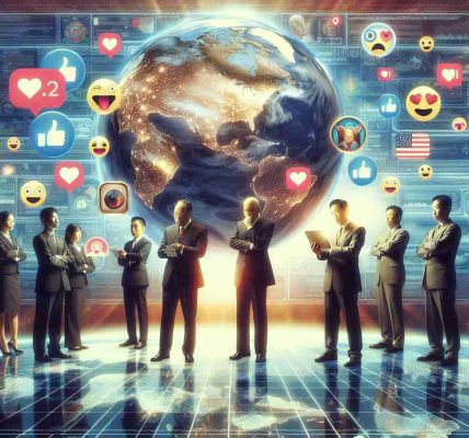 Visual representation of a concept: international diplomatic tension caused by a controversial social media post. Picture a symbolic image comprising different elements. On one side, there is a large digital screen displaying contentious social media posts with emojis and reaction icons. On the other side, several diplomats, an Asian man and a Middle-Eastern woman, stand on a world map floor, their brows furrowed as they pour over the digital communication, indicating the global scale of the issue. There is a visible air of tension in their expressions and body language. The background is an ethereal, blurred image of global connectivity. The overall atmosphere is intense yet organized, showcasing modern diplomacy in action.