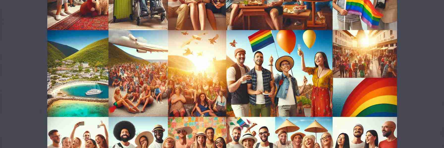 An HD quality image portraying a positive change in LGBTQ representation in the tourism sector. The image could include diverse groups of people of various gender identities and sexual orientations enjoying travel, sightseeing, exploring new cultures, and engaging in local activities. Showcase heterogeneity and inclusiveness, highlighting a journey of discovery and acceptance, where people are not confined by social expectations or stereotypes. Create this imagery to convey an uplifting message of progression in embracing diversity and fostering understanding and respect in international tourism.